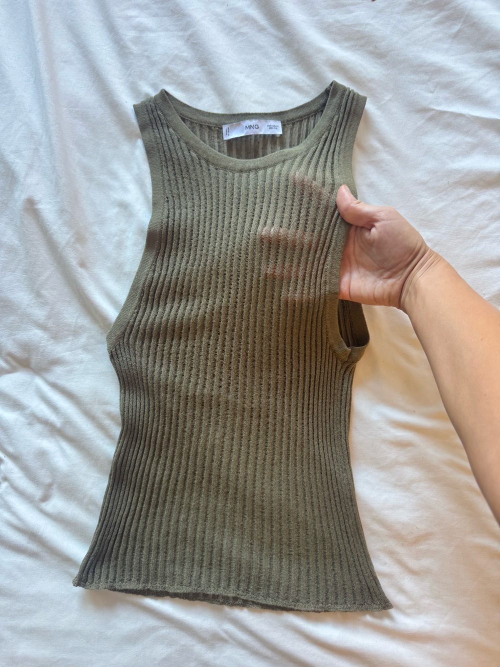 Mango Olive Ribbed Sleeveless Crew Neck top